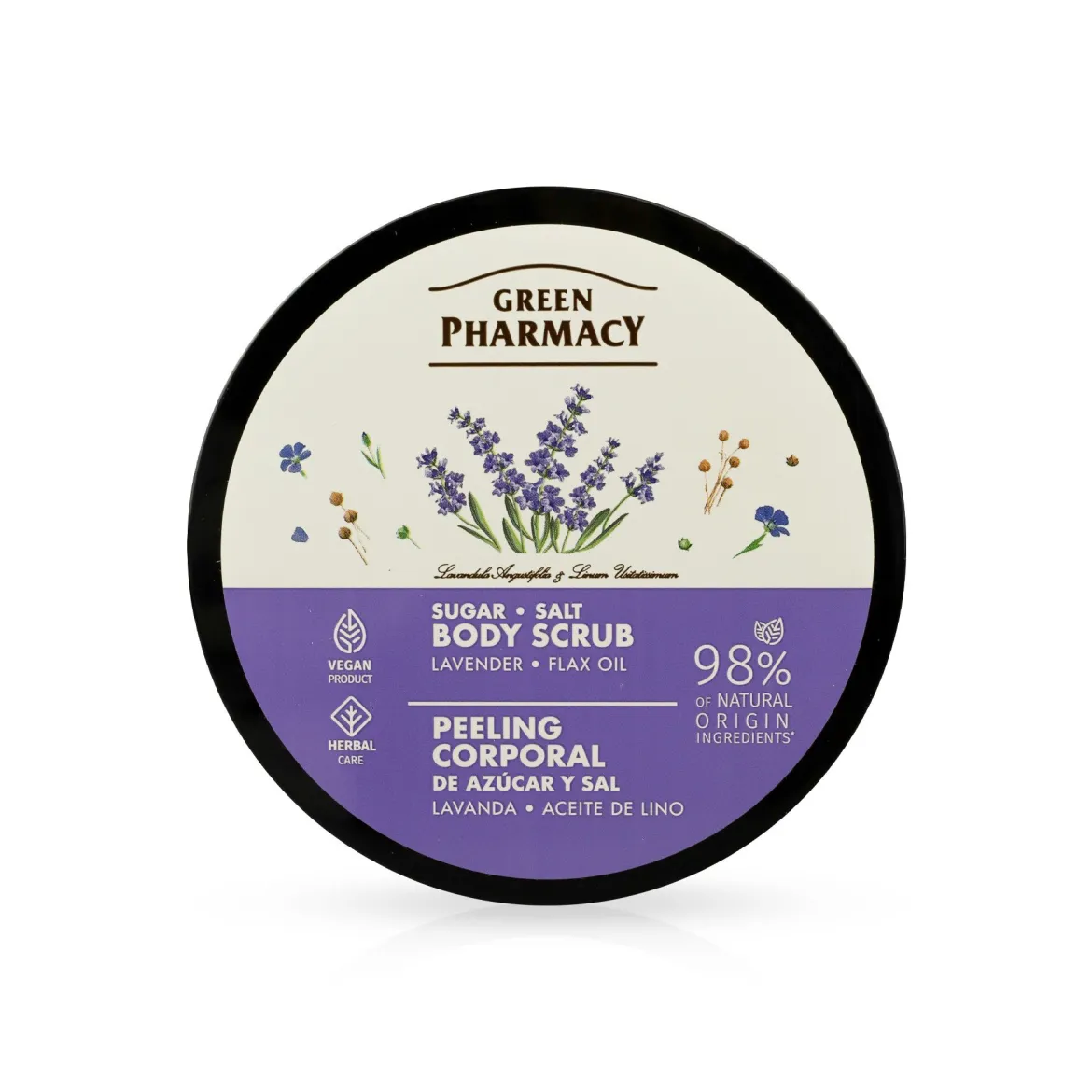 GreenFarmacy скраб для тіла цукрово-сольовий, лаванда та олія льону 200мл